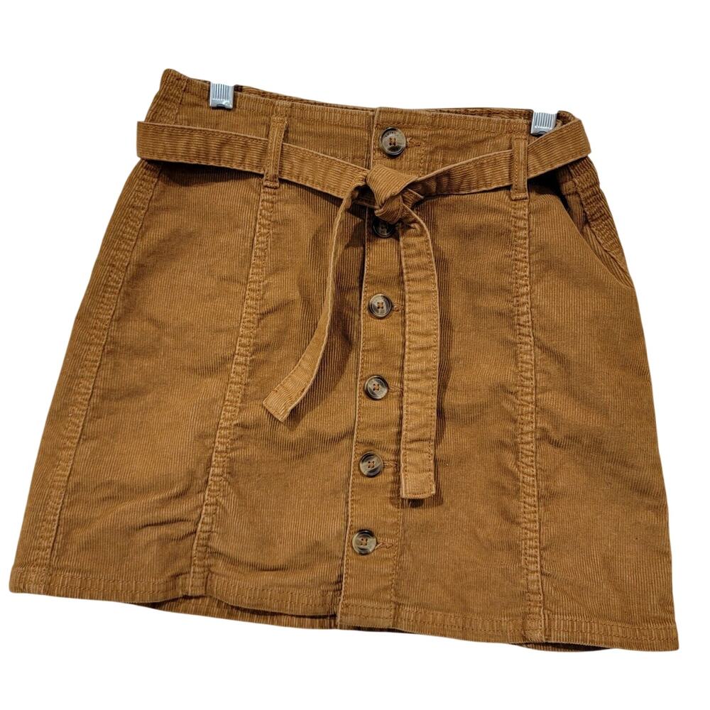 American Eagle Size 00 Tan Corduroy Button Up Mini Skirt Super Stretch 70s Retro